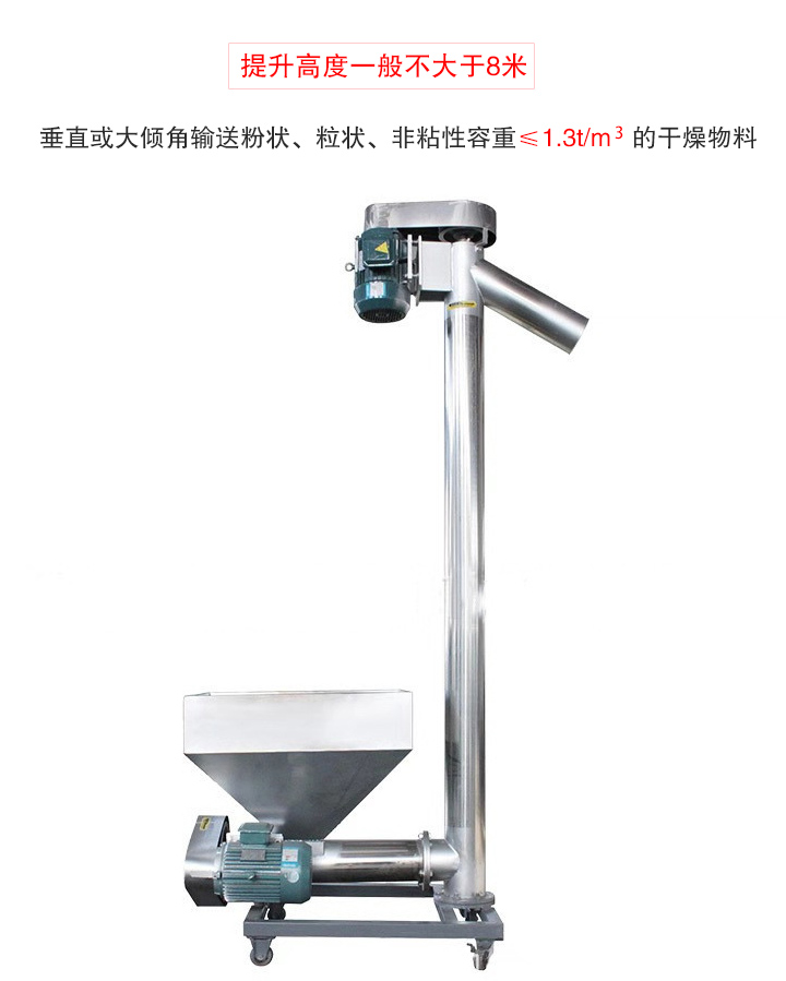 立式輸送機(jī)垂直或大傾角輸送粉狀、粒狀、非粘性容重≤1.3t/m   的干燥物料